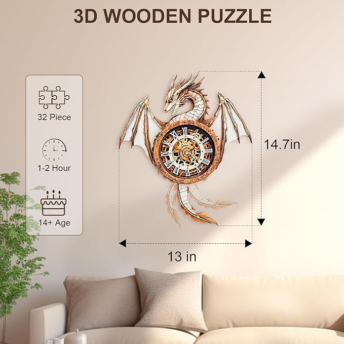Kosmickiss 3D Wooden Puzzles Model Kits Dragon Clock for Adults, 3D Building Models DIY Crafts for Women Men, Wall Clock Puzzle Birthday Gift for Adults Home Decor