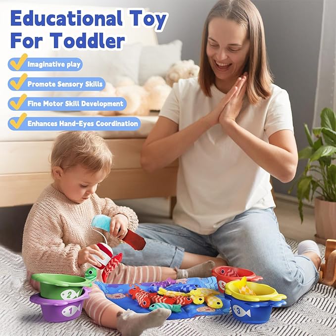 Baby Toys for 1 Year Old - Fishing Game for Toddlers 1-3, Montessori Toy for Toddler kids Number Counting, Color Sorting, Shape Learning, 22PCS Fishing Toy Gift for 1 2 3 Years Old Boy Girl Birthday