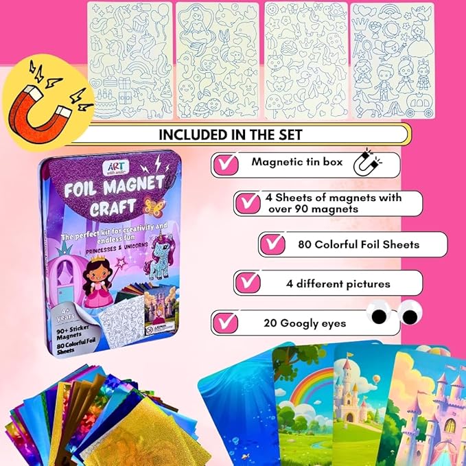 Foil Fun Art Kit for Kids - Reusable Princesses & Unicorns Foil Art for Girls & Boys, DIY Mess-Free Girls Craft Kit w/Magnets, Ideal Travel Toy & in Car Activities for Kids Ages 4 5 6 7 8 9 10 11 12