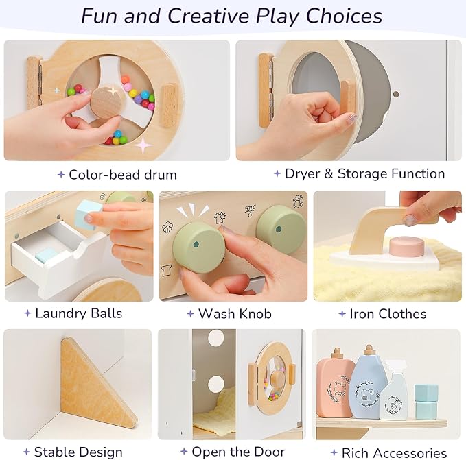 PairPear Wooden Toy Washing Machine Playset, Kids Washer & Dryer Laundry Playset with Iron, Toddler Pretend Kitchen Spinning Bead Drum Toy Gift for Age 3+