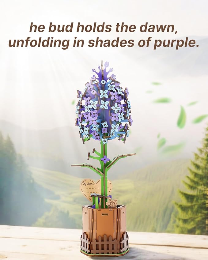 Welsky 3D Lilac Wooden Puzzles for Adults, DIY Wooden Flower Craft Kit, Artificial Flowers Model Kit to Assemble for Adults.(3.25 * 2.9 * 9.48 in 168PCS)