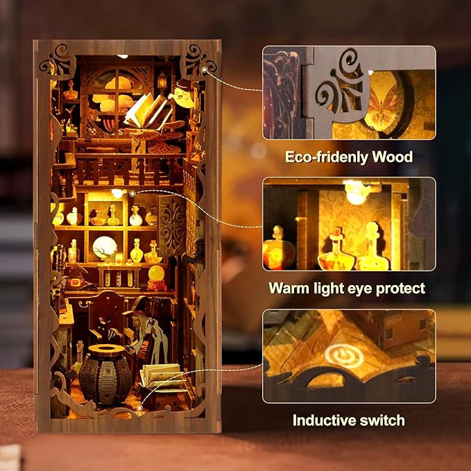 Book Nook Kit for Adult - THRIVINGIVAN Miniature Model Build Dollhouse Kit 3D Wooden Puzzle with Sensor Led Light for Bookshelf Bookend Insert Decor Adults Teen Crafts(Magic Bookstore)