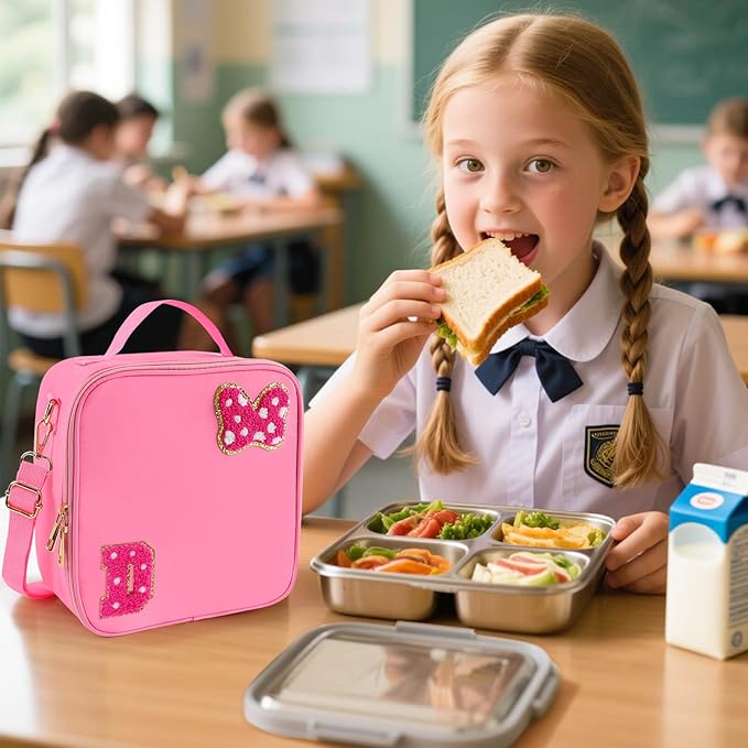 Preppy Initial Bow Mouse Lunch Bag, Kids Insulated Lunch Box Gifts for Teen Girls Daughter, Reusable Soft Lunch Containers Crossbody Cooler Bag Must Haves for Park Travel School Work Picnic Pink D