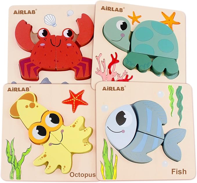 Wooden Puzzles for Toddlers Ocean Animals Montessori Toys Year Old Baby Girl Boy Gifts Educational Learning Bright Color Chunky Shape Puzzle Pack of 4