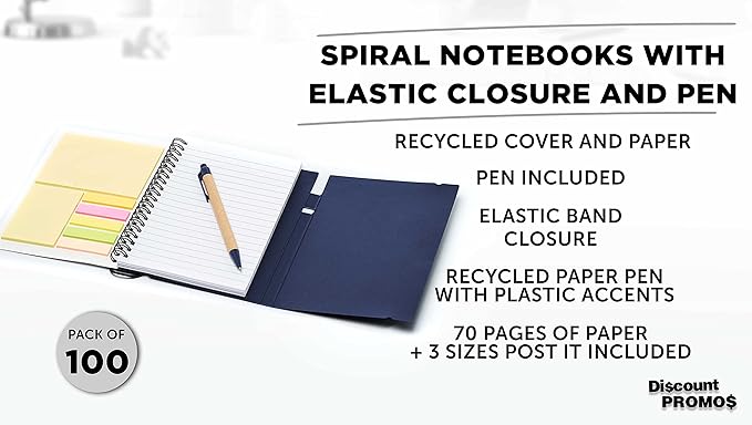 DISCOUNT PROMOS Custom Spiral Notebooks with Elastic Closure Set of 100, Personalized Bulk Pack - Perfect for School, Office, Business and More - Navy Blue