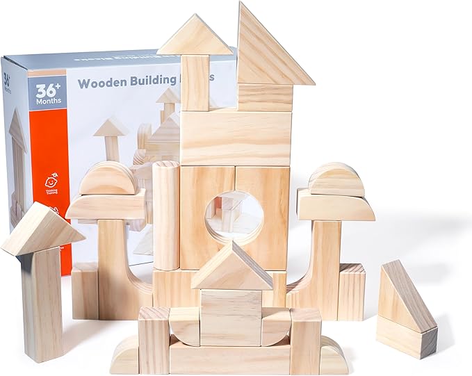 Large Wooden Building Blocks Set - Educational Preschool Learning Toys with Wooden Storage Box, Toddler Blocks Building and Stacking Toys for 3+ Year Old Boy and Girl Gifts