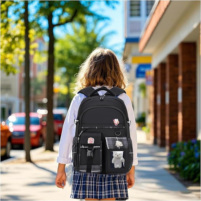 Girls Backpack，Cute School Backpack for Girls Kids Teens，Kawaii Bookbag for Primary Elementary，Black