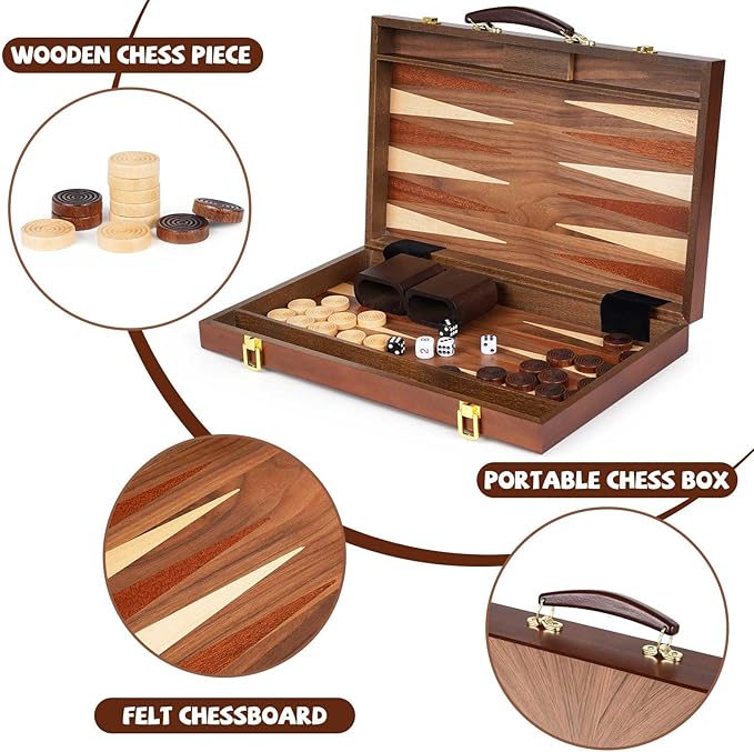 Wooden Backgammon Board Game Set (15 Inches) for Adults and Kids - Classic Board Strategy Game - Portable and Travel Set Family Game Night Vintage Backgammon Strategy Game
