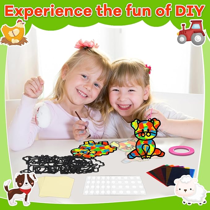 QOUBAI 32 Sets Farm Animals Suncatchers Craft Kit DIY Window Stained Glass Effect Cow Horse Chicken Paper Craft Home School Classroom Decoration Kid Birthday Gift Creative Art Project Activity Game