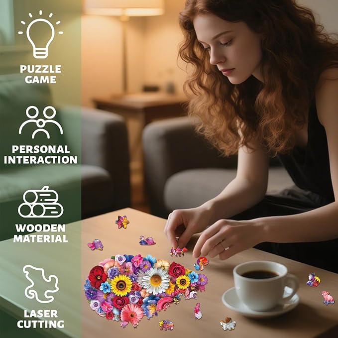 Heart Wooden Puzzles Adults, 200 Piece Flower Puzzles for Adults Vibrant Art Puzzle Unique Shaped Wood Jigsaw Puzzle Gift Fun Challenge Family Game Home Decor