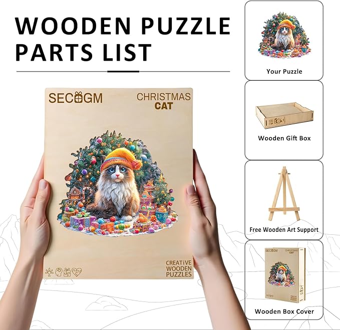 Wooden Puzzles for Adults - Christmas Cat Wooden Jigsaw Puzzle 86 pcs - Unique Animal Shape Wood Cut Puzzles - Eco-Friendly Home Office Decor (8.4 * 7.4in)