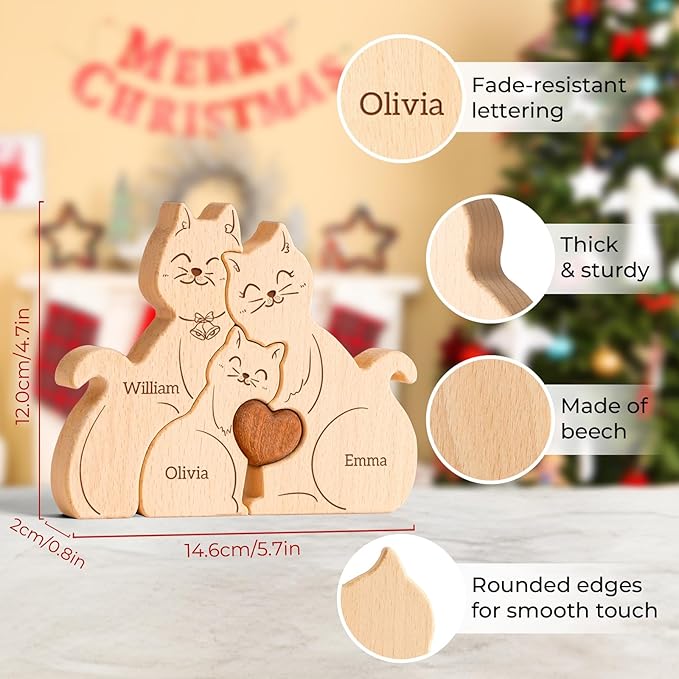Wooden Mommy Cat Family Puzzle, Personalized Puzzles with 2-5 Names, Mothers Day Birthday Personalized Gifts for Mom Dad Grandma Kids Boys Girls Toddler, Christmas Thanksgiving Decor