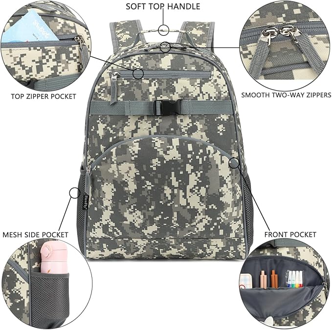 FlowFly Kids Backpack for Toddler Boys Girls, Simple Lightweight Bookbag for Daycare Kindergarten Elementary School Travel, Small Modern Bag (Large), Digital Camo