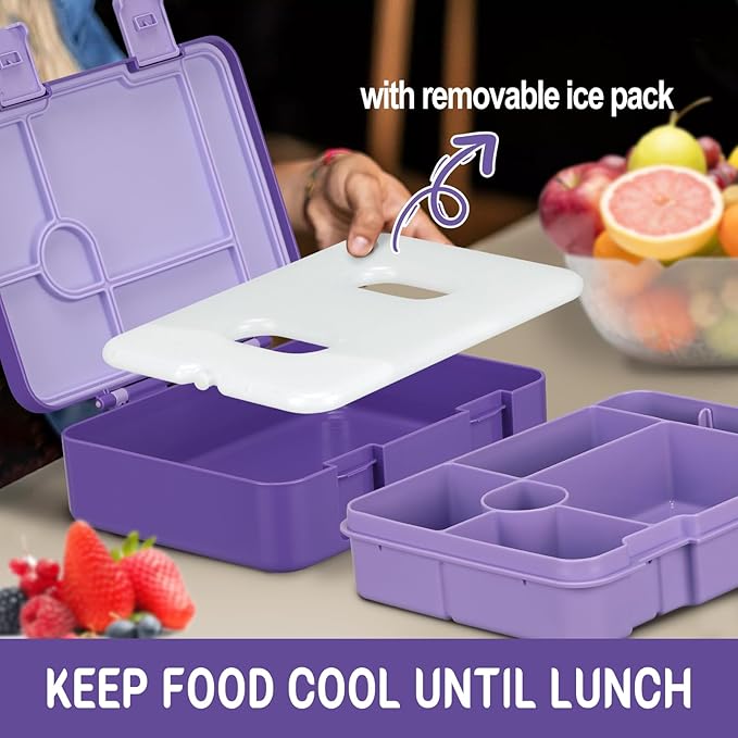 Kids Bento Lunch Box with Ice Pack, 5 Compartments Leak-Proof Bento Box with Utensils, 5.5-Cup Capacity for Adults & Ages 8+, BPA Free, Microwave & Dishwasher Safe, Purple