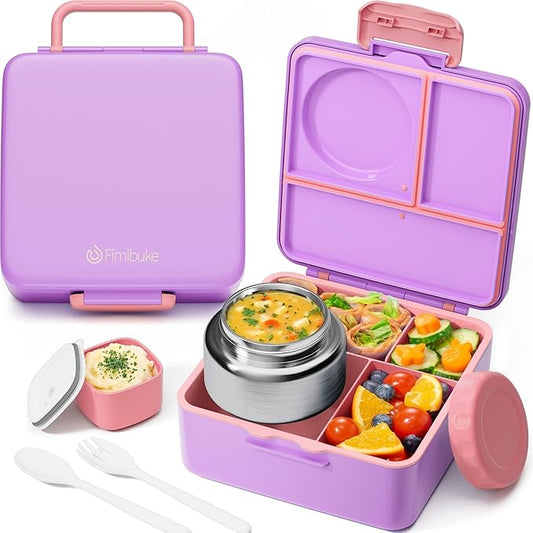 Fimibuke Bento Lunch Box for Kids Adult, 3-4 Compartment 60OZ Toddler Lunch Box Container with Leakproof 8OZ Insulated Food Jar, Sauce Jar, Utensil for School Boys Girls, BPA-Free Dishwasher Safe