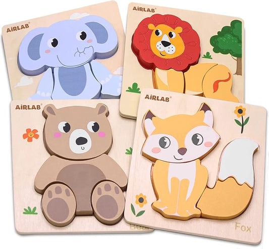Wooden Puzzles for Toddlers 1 2 3 Year Old Animals Shape Puzzle Toys for Travel Airplane Gift for Kids Montessori Early Development Gifts for Baby Boys Girls with Drawstring Bag Pack of 4