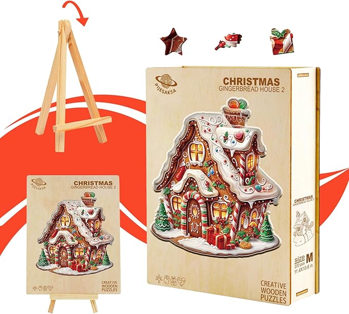 Christmas Wooden Puzzles for Adults, Gingerbread House Wooden Jigsaw Puzzle, Unique Shape Wood Puzzles Adult, Presents for Family and Friends, Wall Art Home Decor (L-13.4 * 12.4in- 270 Pieces)