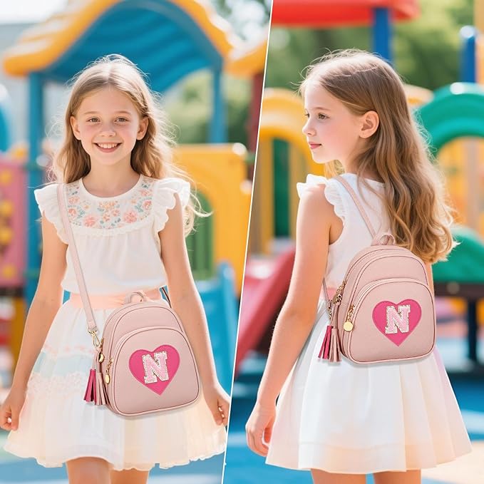 Girls Initial Mini Backpack Gifts for Kid Toddler Little Girl Teen Small Cute Heart Backpack Purse Preschool Kindergarten Bookbag，Pink-N