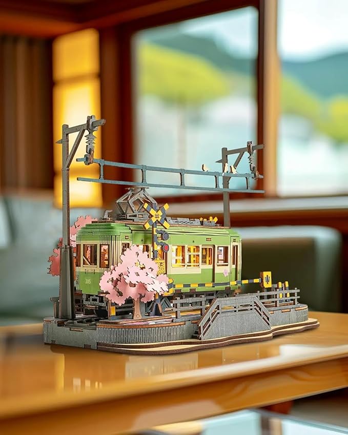 3D Wooden Puzzle Model Kit, LED Light Tram with Cherry Blossoms, 223 Pieces, 6.57 x 5.51 x 9.13 inches