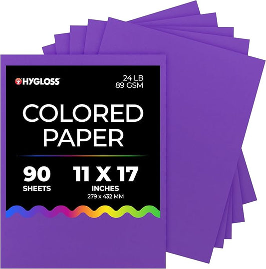 Hygloss Purple Colored Paper - 24 lb, 89 GSM, Acid-Free, Fade-Resistant, 11x17-Inch Ledger Size Color Copy Paper, 90 Sheets