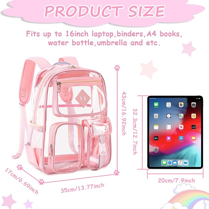 Clear Backpack for School,Heavy Duty PVC Transparent Bookbag for Girls Stadium Approved See Through Backpack