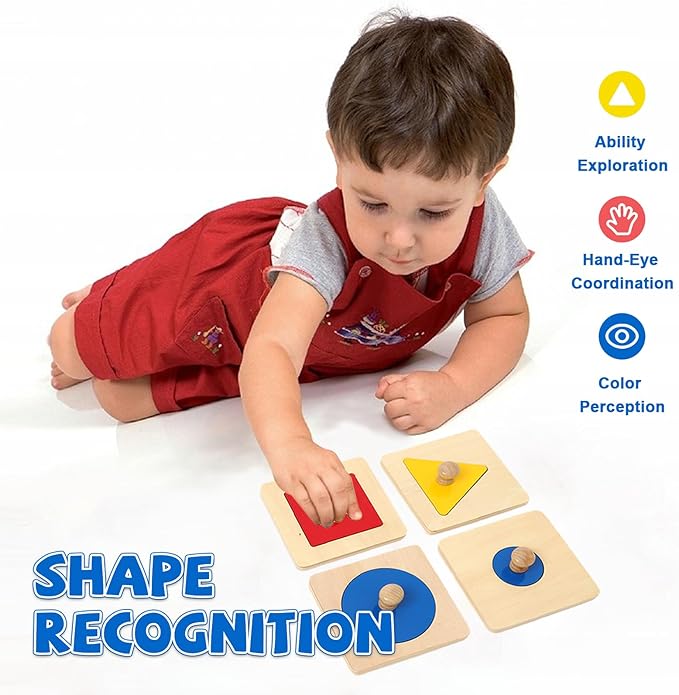 Adena Montessori Colorful Multiple Shape Puzzles Toys for 6-12 Months 1 Year Old Toddler Babies First Shapes Geometric Jumbo Knob Wooden Puzzle Color Sorter (4 Pieces)