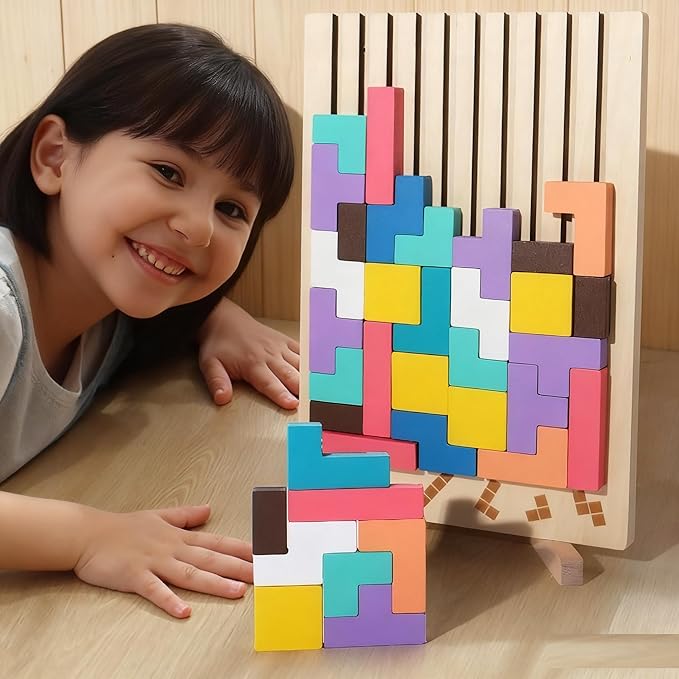 Wooden Block Puzzle, Educational Brain Teaser, 12 Colorful Pieces, Ages 3+