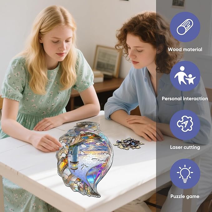 delobil Wooden Puzzles for Adults, Shell Landscape Jigsaw Puzzles 500 Pieces, Unique Shape Puzzles for Adults and Kids, 19.8 x 12.5 Inches Medium Size, Fun Challenging Puzzles Family Game