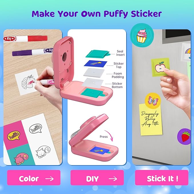 Puffy Sticker Maker Kit for Kids - Make Your Own 3D Stickers Ages 6-10 - Create DIY Craft Machine Unicorn Arts and Crafts Kits for Girls & Boys (60 Stickers)