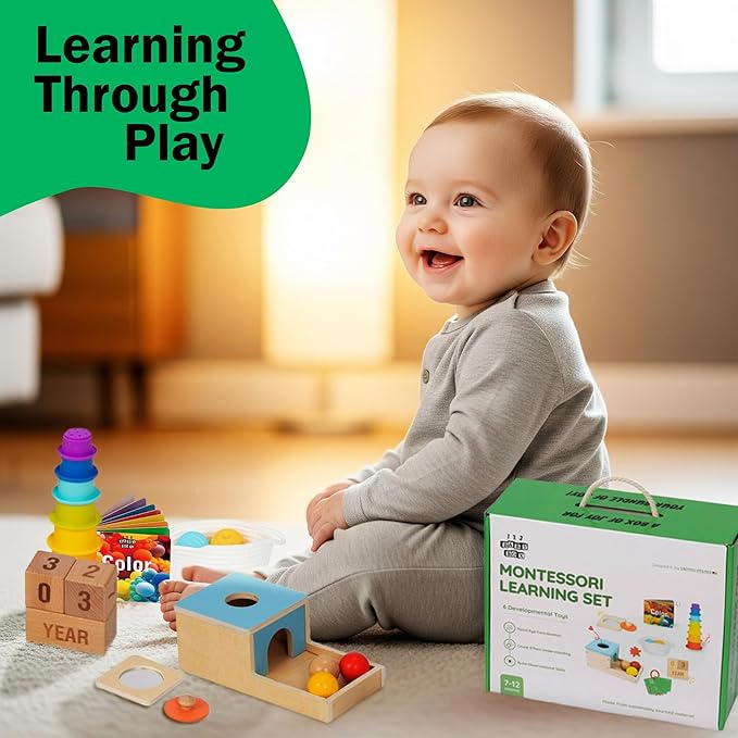 Montessori Toys for Babies 7-12 Months - 6-in-1 Baby Learning Set w/Object Permanence Box, Color Book, Milestone Blocks & More - Educational Toys for Fine Motor & Cognitive Development