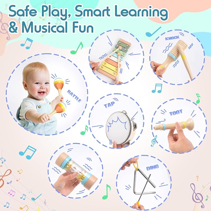 Toddler Musical Instruments Set, Wooden Montessori Toys for 1 2 3 Year Old Boys Girls, Baby Musical Toys with Storage Bag for Early Learning, Christmas Birthday Gift for Kids Preschool Educational