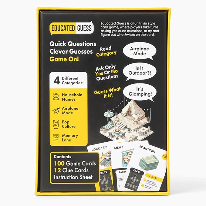 Educated Guess – Fast & Fun Yes‑or‑No Trivia Party Game for Families & Friends | 100 Clue Cards, 4 Categories, Adults & Teens (Ages 12+) | Perfect for Road Trips & Gifts