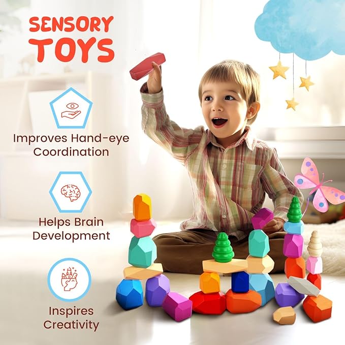 Wooden Stacking Rocks - 40 Pcs Montessori Sensory Learning Toys for Kids 3-9 | Balance Building Blocks Educational STEM Toys for Boys Girls