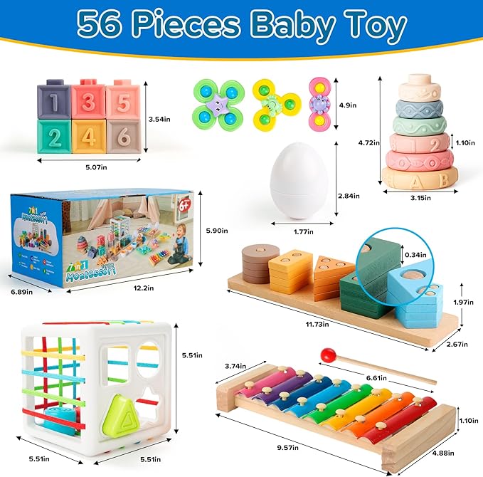 7‑in‑1 Montessori Baby Toys for 6‑12 Months & 1+ Years, Infant Sensory Teething & Stacking Blocks | Wooden Shape Sorter, Xylophone Musical Toy, Birthday Gift for Toddlers 1‑3