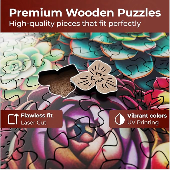 Crafthub Flowers Wooden Puzzles for Adults – A3 Mandala Succulent Plants with 152 Pieces Wood Puzzles – Jigsaw Puzzles with Unique Animal Shapes – 10.8" x 10.3"