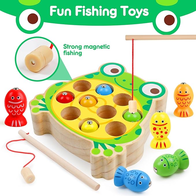 Magnetic Wooden Fishing Game Toys for Toddlers,Wooden Frog Magnets Fishing Learning Color Sorting Puzzle Montessori Preschool Educational Fine Motor Skills for 3 4 5 Years Old Boys Girls