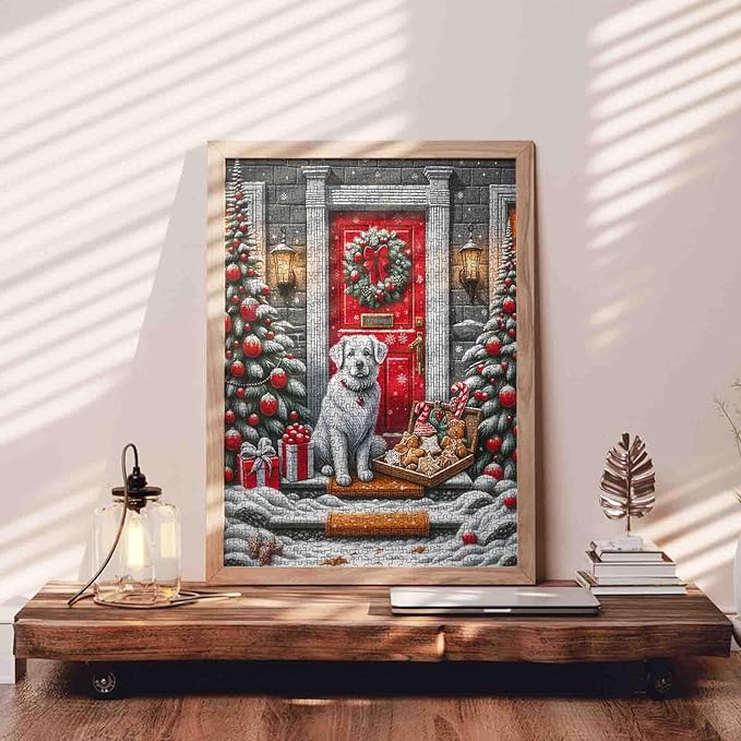 Christmas 1000 Piece Jigsaw Puzzles for Adults Cute Dog Painting Christmas Tree Jigsaw Puzzle 1000 Pieces Gingerbread Man/Candy Cane Puzzles Family Fun Game DIY Craft Bedroom Decor Festival Gift