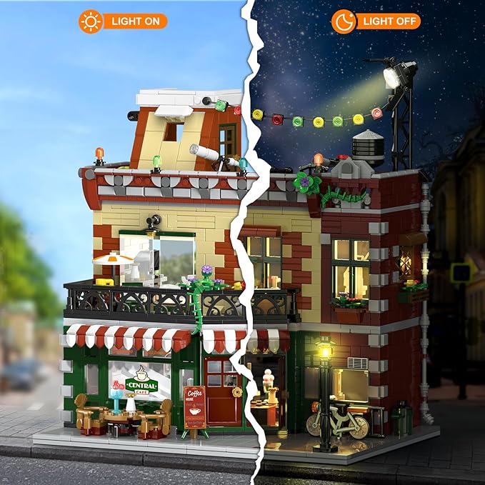 Coffee House Building Set with Light, 1589 PCS City Cafe Shop Building Block Toy with Stage Street Lights, Architecture Construction Model for Adults Teens Kids Ages 10 11 12+ Boys Girls