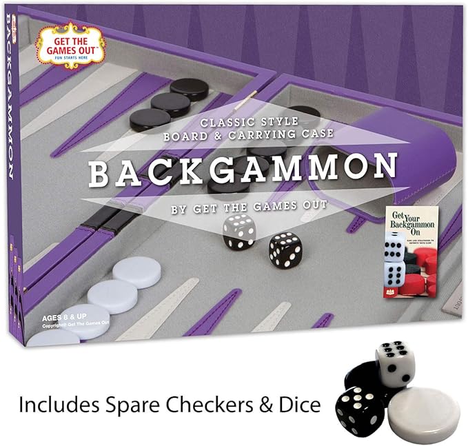 Get The Games Out Backgammon Set, Classic Board Game Case, 2 Players, Includes Strategy & Tip Guide, Perfect for Parties and Family Game Nights -Small, Purple