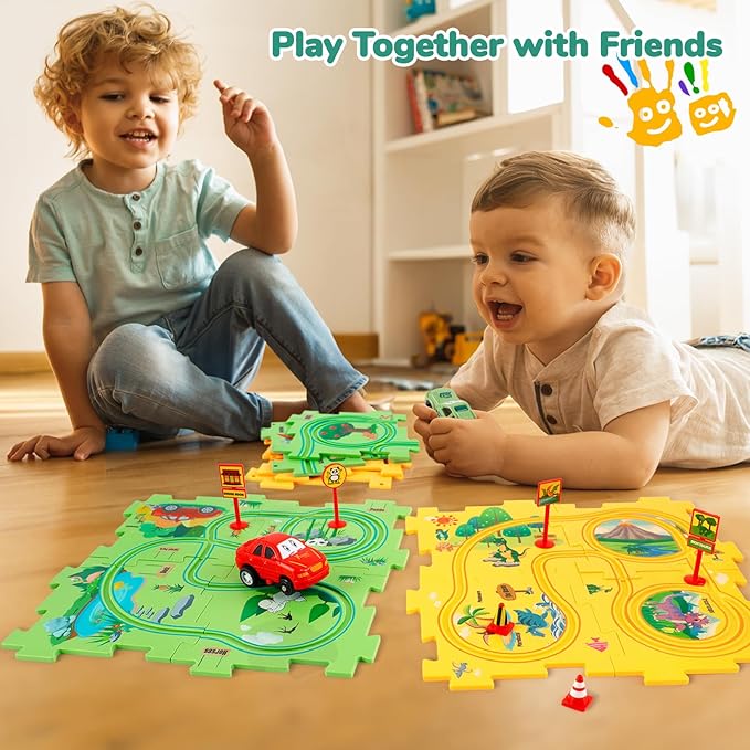 Plastic Floor Puzzles for Kids with 2 Cute Vehicles, Puzzle Racer Kids Car Track Set, Montessori Toys for 3 4 5 6 Year Old Boys, Gifts for 3 4 5 6 Year Old Boys, Toys for Ages 3-4