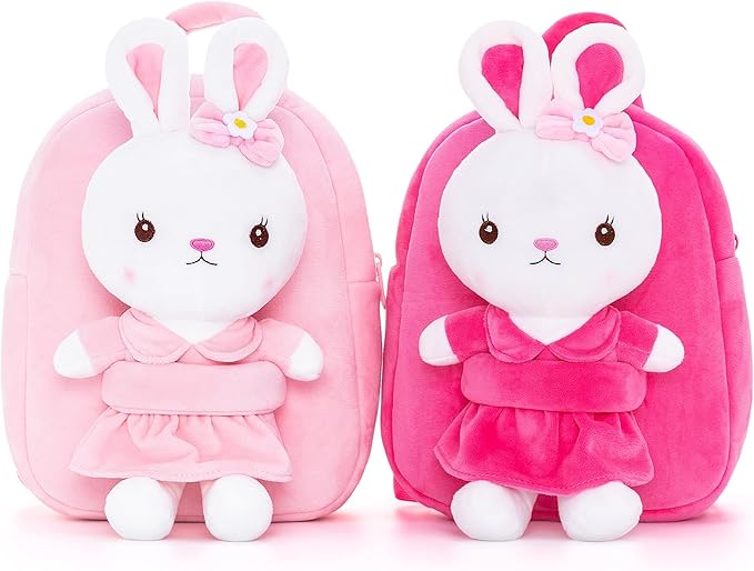 Gloveleya Kids Backpack Girl Backpack Toddler Girl Backpacks with Stuffed Bunny Toy Rose Red 9''