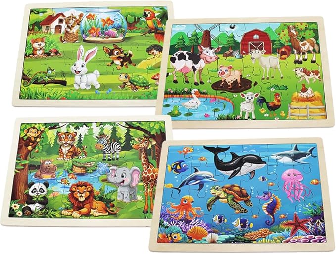 Set of 4 Packs Wooden Animals 24-PC Jigsaw Puzzles Wood Jigsaw Puzzles for Kids 3+ Years up Preschool Educational Puzzles Boards Toys Gifts