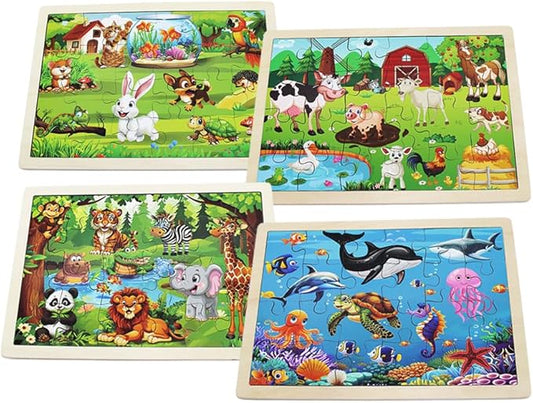 Set of 4 Packs Wooden Animals 24-PC Jigsaw Puzzles Wood Jigsaw Puzzles for Kids 3+ Years up Preschool Educational Puzzles Boards Toys Gifts