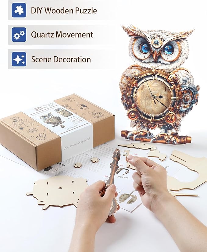 3D Wooden Puzzles for Adults, 3D Puzzle Owl Clock Kit (with Pendulum), Mechanical Owl 3D Puzzles for Adults Crafts for Adult Home Decor Clock Puzzle Gifts for Women Men
