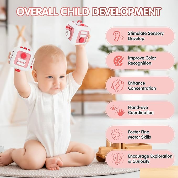 Toys for 1 Year Old Boy Girl, Montessori Busy Board Busy Cube, Travel Toys for Toddlers 1-3, 1 Year Old Girl Boy Gifts, Pink