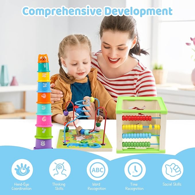 Wooden Activity Cube,Montessori Toys Gift Set for 12+ Months Boys & Girls,Educational Learning Toys for Toddlers Age 1+,First Birthday Gift for Baby