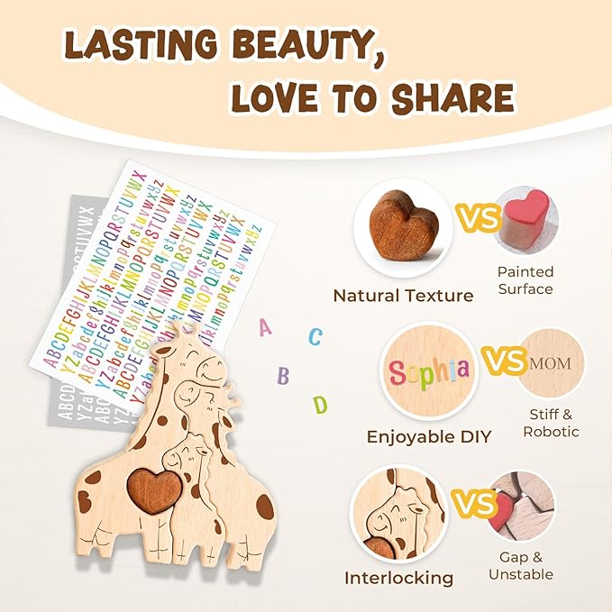 Wooden Giraffe Family Puzzle Games, Personalized 4 Name Puzzle for Home Crafts Decor, House Warming Birthday Party Gifts for Mom Dad Grandma Kids New Baby, Wooden Bear Family