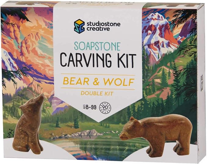 STUDIOSTONE CREATIVE DIY Arts & Crafts Carving Kit Kids Adults Bear & Wolf Sculpture Soapstone
