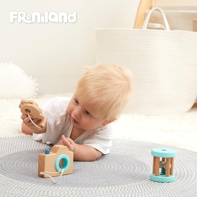 FReniland Wooden Montessori Toys, 3-Piece Wooden Baby Toys, Rotating Drum Toy, Camera Kaleidoscope Toys, Baby Key Rattles,Newborn Baby Gift Sets for Boys and Girls