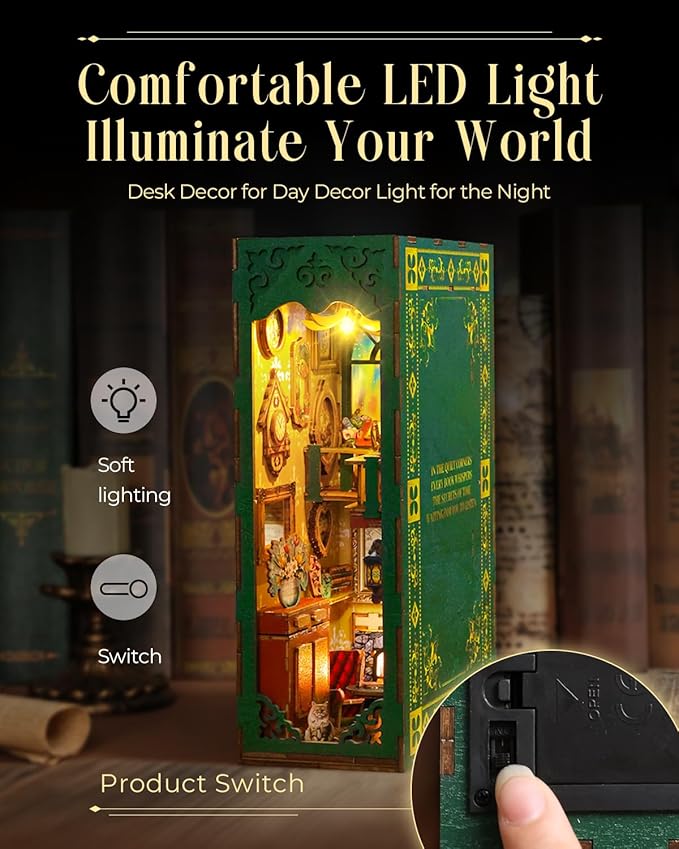 Book Nook Kit,Vintage Library Miniature House Kit for Teens and Adults with LED Lights,3D Wooden Puzzle Tiny House Booknook Bookend Bookshelf Decor Model Build.(Vintage Bookstore